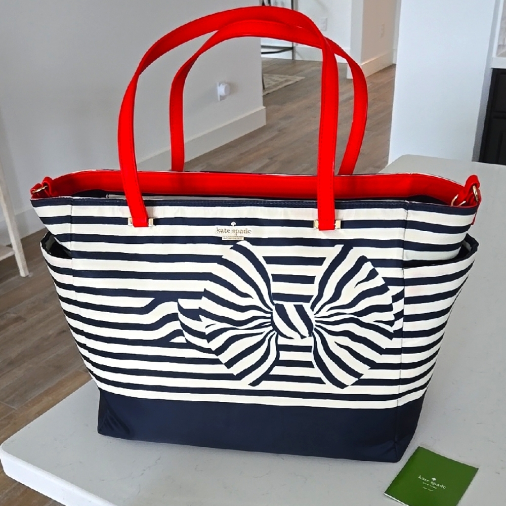 NEW never Used KATE SPADE Nylon Stripe Bow Tote Navy & Red Striped Tote Bag Trvl